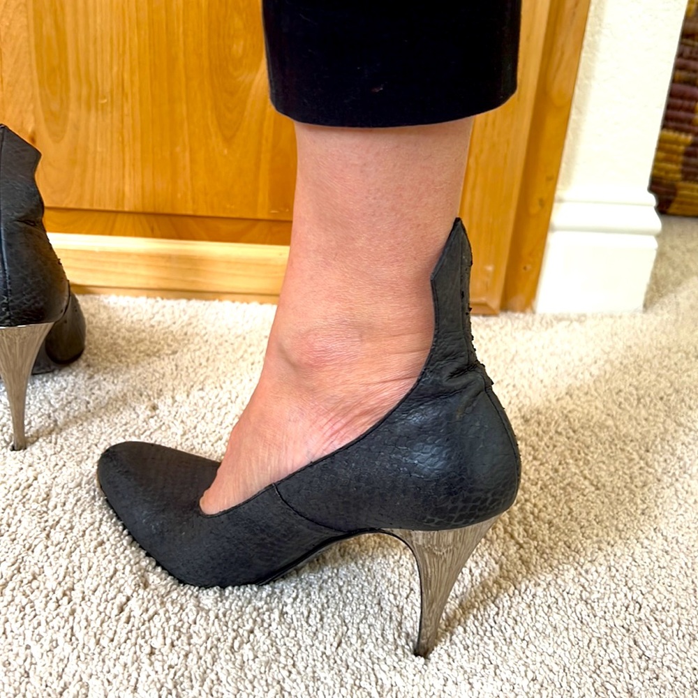 A.F. Vandevorst sexy black snake skin print chrome heel. Size 10